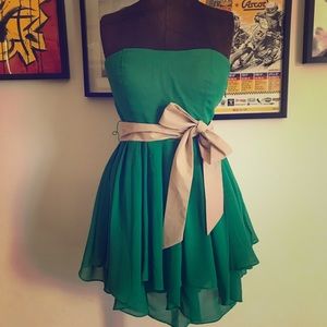 Green, strapless mini dress with belt